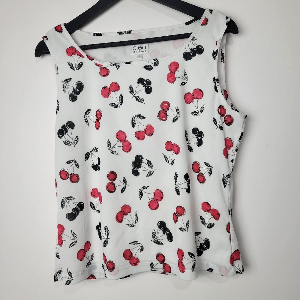 CLEO PETITES WOMEN'S SLEEVELESS LINED CHERRY PATTERN TOP SIZE PETITE 12